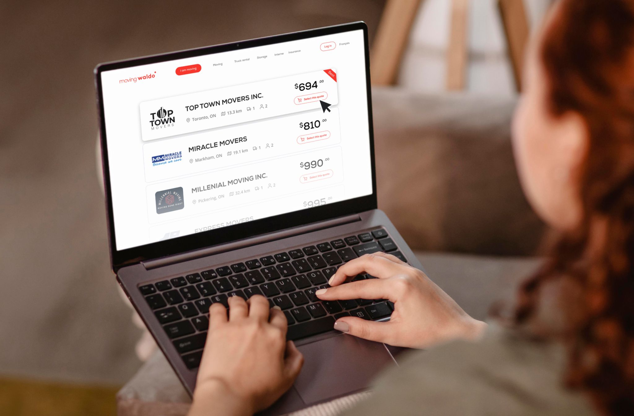 MovingWaldo platform showing multiple moving quotes on a laptop